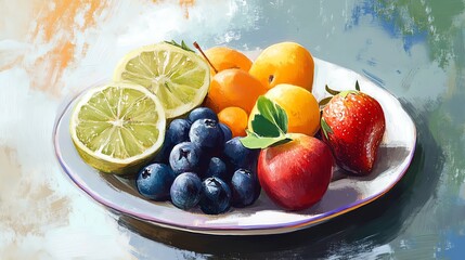 Fruit Still Life Painting Featuring Fresh Lemon Blueberries and Red Apple