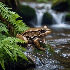 Tranquil Wood Frog Resting on Mossy Rock Near Flowing Creek with Ferns