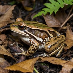 Fototapeta premium Wood Frog Camouflaged in Leaf Litter on Forest Floor