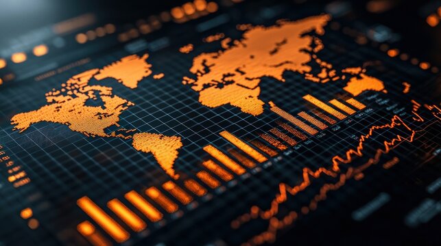 World map with bars, grid and line charts in orange on black background