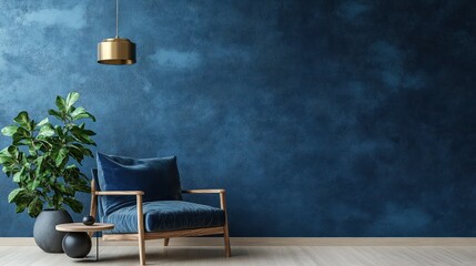 Modern, cozy living room with deep blue walls