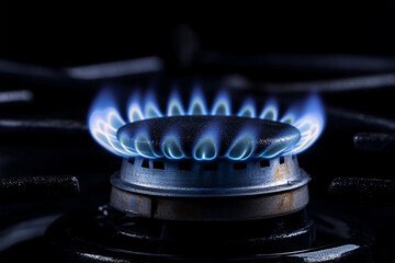 A captivating close-up of a blue gas stove flame against a stark black background