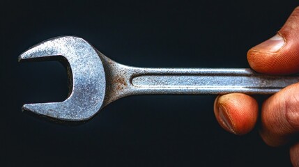 Wrench held by a hand. Silver tool against a dark background with detail