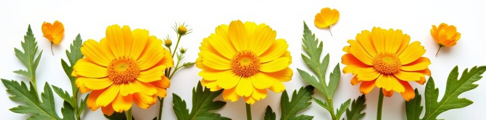 Close-up of delicate calendula petals and leaves, isolated on white backdrop, petals, isolated