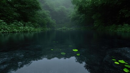 Obraz premium Misty forest stream. Tranquil, serene water reflects lush green trees, shrouded in a soft fog
