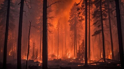 A dramatic scene of a forest fire at night,
