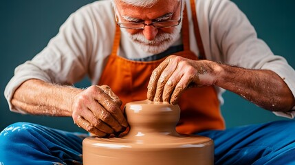 An experienced elderly potter intently shapes and molds clay on a spinning wheel demonstrating years of craftsmanship and dedication to his pursuit