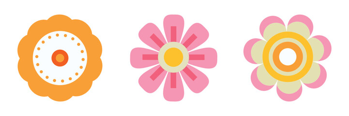 Set of Simple Flower Illustrations Orange, Pink Geometric, and Retro Concentric