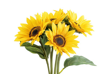 Fototapeta premium Bright Yellow Sunflowers with Green Leaves on Transparent Background for Floral Decor and Design