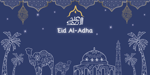 Eid Al adha concept background greeting card Illustration. Adha Mubarak arabic islamic festival design background template with line art and calligraphy.