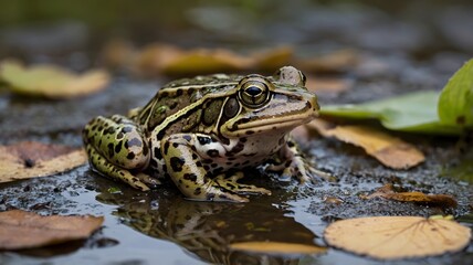 Serene Northern Leopard Frog Resting on Muddy Pond Bed, Nestled Among Leaves