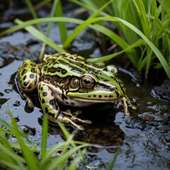 Fototapeta premium Northern Leopard Frog Camouflaged in Grass Along Stream Edge