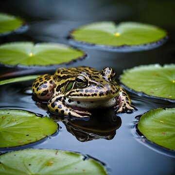 Close-Up of Northern Leopard Frog Resting on Lily Pad in Tranquil Pond