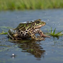 Fototapeta premium Energetic Northern Leopard Frog Leaping Through Grassy Terrain Adjacent to Wetland