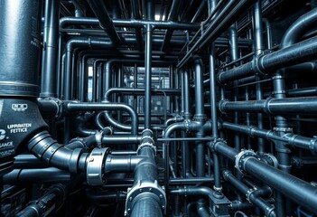 Intricate network of black industrial pipes, complex texture, tubes, image