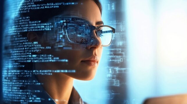 Focused Woman Coder with Glasses Analyzing Data Holograms in Cyber Environment