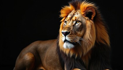 Fototapeta premium Lion portrait isolated on black background. Powerful male lion king with majestic mane. African animal, wildlife, wild cat predator. Symbol strength, power, leadership, danger.