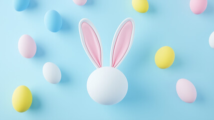水色青い背景にイースターバニーの耳とカラフルな卵が散りばめられたデザイン