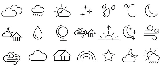 Weather Icons Pack. Simple icon set related to weather. Clouds, wind, weather forecast, snow, rain, sun, moon, snowflakes and storm. Simple modern design. Vector illustration.