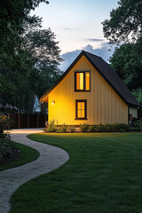 Old house in the woods on a hill with a beautiful garden and trees in a rural landscape
