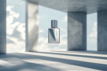 Glass bottle floats gracefully in a concrete architectural space