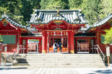 August 29, 2023. Hankone, Kanagawa, Japan. A shot of the main red shrine at Hakone Shrine. 