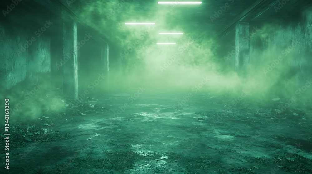 Poster mysterious green fog fills a dimly lit corridor, creating an eerie atmosphere.