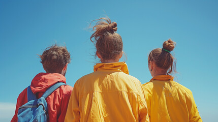 Fototapeta premium Three young adults with backpacks looking at the sky.