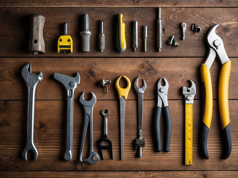 Flat lay of various hand tools such as wrenches, hammers, pliers, and measuring tape arranged neatly on wooden surface, Labor Day