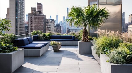 Urban rooftop oasis with modern furnishings and lush greenery