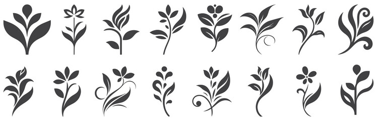 16 Minimalistic Floral Silhouettes Vector Set ,Elegant Botanical Designs.