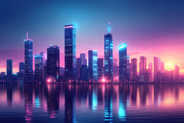 Fototapeta premium City at night, bright light illuminating the skyline, casting a warm glow over buildings and reflecting on water below.