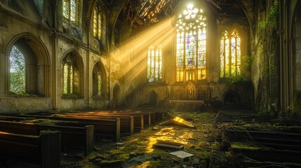 Fototapeta premium Sunbeams stream through stained glass windows in an abandoned church, illuminating the overgrown pews and debris-strewn floor