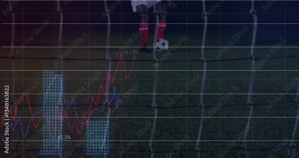 Poster graph lines with data overlaying animation of soccer player near goal on field