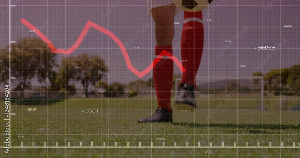 Poster on field, soccer player with animation of financial graph showing fluctuating data