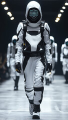 Obraz premium futuristic fashion show featuring AI designed clothing, showcasing model in sleek, high tech outfit with helmet and digital display. atmosphere is innovative and captivating