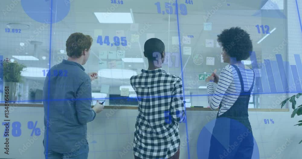 Aufkleber analyzing data charts, diverse team collaborating in modern office with animation