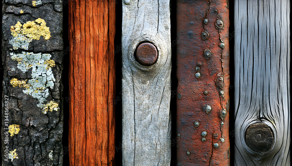Poster abstract image of five weathered wooden posts showing texture, age, and decay; varied colors and pat