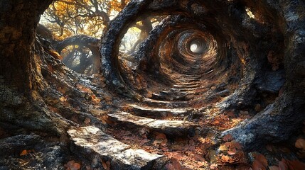 Fototapeta premium Magical path with spiral roots, fallen leaves, and autumn light at the end