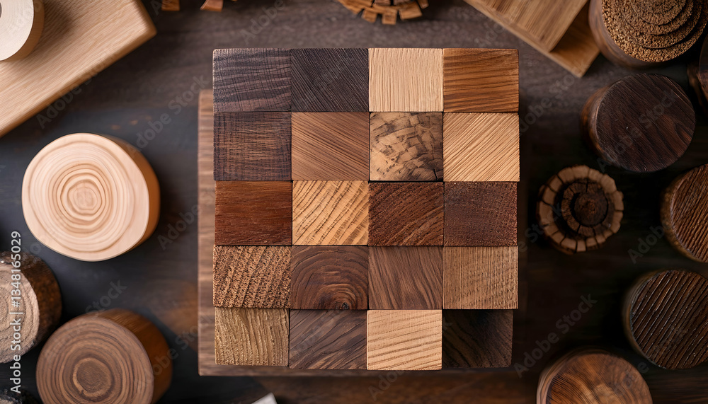 Poster collection of various wood types arranged in a square grid showcasing different wood grains and colo
