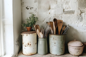 Rustic kitchen still life with vintage utensils in aged metal containers, herbs in a terracotta pot, and a pastel pink crock.  Perfect for blogs, magazines, or home decor websites.