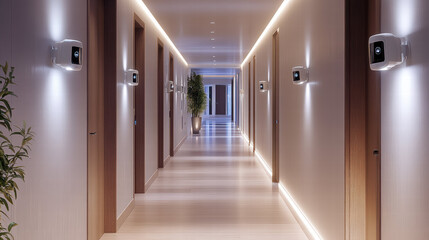 modern hallway featuring smart security cameras and motion sensors, illuminated by soft lighting, creates secure and inviting atmosphere. sleek design enhances overall aesthetic appeal