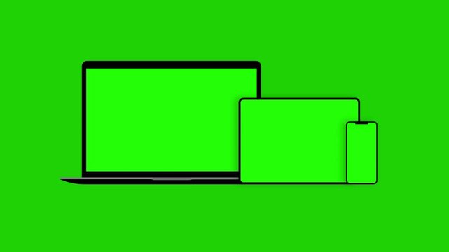 laptop, tablet and mobile device mockup with green screen laptop tablet and mobile device animated mockup 4k animated blank screen devices mockups with chroma key