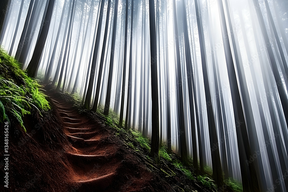 Aufkleber enchanting misty forest path winds upward, sunlight filters through tall trees, creating a mystical 