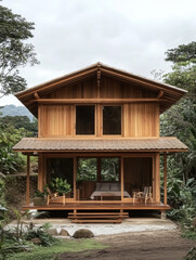 Rustic wooden house surrounded by lush forest