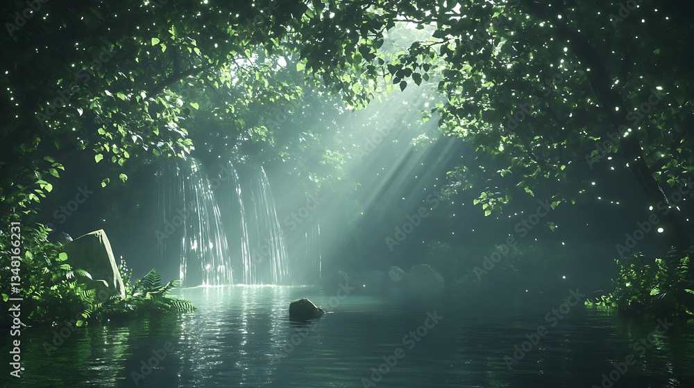 Poster serene forest scene with sunlight filtering through leaves above a tranquil water surface.