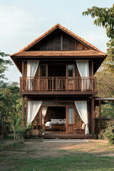Old wooden house in the countryside surrounded by trees and nature with a rustic roof and traditional architecture