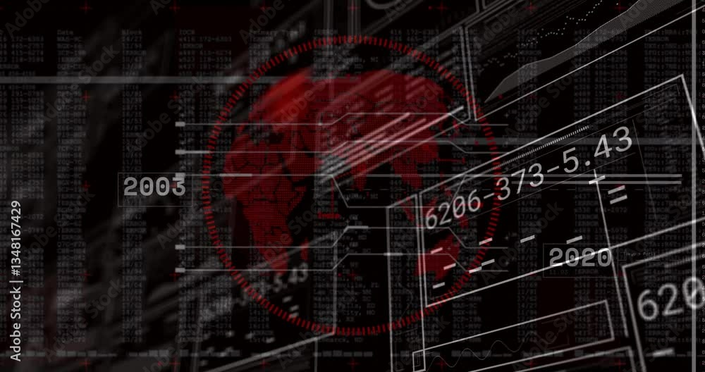 Aufkleber digital data and numbers overlaying red globe and geometric shapes animation