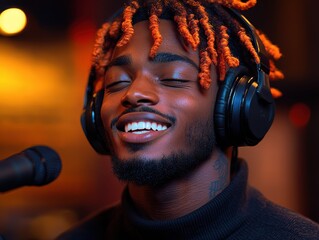 Man with orange dreadlocks sings with closed eyes into a microphone