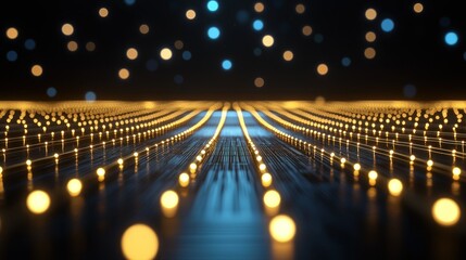 Glowing orbs extend on fine lines towards a blue focal point